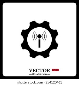 Black icon on white background. Toothed setting controls via wi-fi network, vector illustration, EPS 10