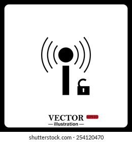 Black icon on white background. Wireless network access is open, unlocked , vector illustration, EPS 10