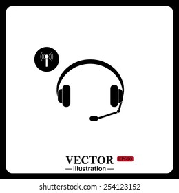 Black icon on white background. Headphones. Musical accessories running through wi-fi network,  vector illustration, EPS 10