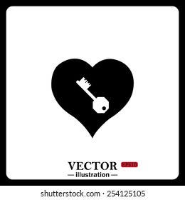 Black icon on white background.  heart and key,  vector illustration, EPS 10