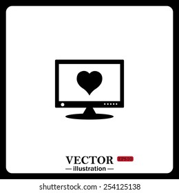 Black icon on white background. computer and heart, cyber-love symbol, vector illustration, EPS 10