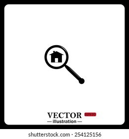 Black icon on white background. Search house. Magnifying glass. Search , vector illustration, EPS 10