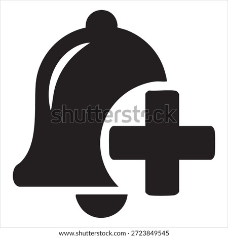 A black icon on a white background shows a bell shape with a plus sign superimposed on its right side. This graphic represents adding a new notification, an alert, or a reminder function within a digital interface or application.