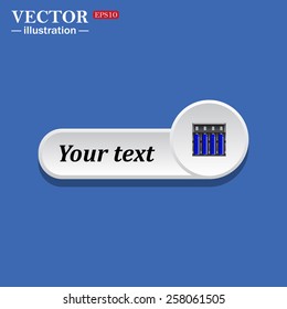 Black icon on white button for web sites. Blue background with shadow. battery charger with batteries. icon. vector design