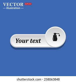 Black icon on white button for web sites. Blue background with shadow. Shower Gel, Liquid Soap, Lotion, Cream, Shampoo, Bath Foam. icon. vector design