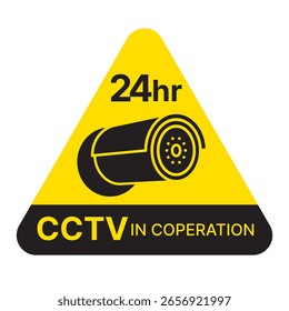 Ícone preto em um fundo amarelo. Triângulo 24 horas CCTV eletrônico segurança zona de vigilância etiqueta de aviso. Zona de instalação CCTV. Ícone CCTV.