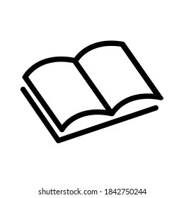 Black icon with an open book on a white background. Knowledge and education symbol. Vector isolated illustration.