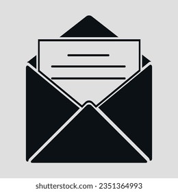 Icono negro de sobre abierto con letra. Vector aislado en el fondo