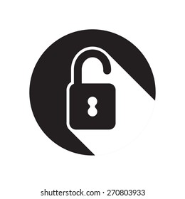 black icon with open padlock and white stylized shadow