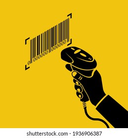 Black icon operator holds a barcode scanner hand. Silhouette scanning Barcode. Equipment for accounting of goods. Vector illustration isometric design. Product identification.
