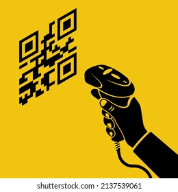 Black icon operator holds a qr-code scanner hand. Silhouette scanning Barcode. Equipment for accounting of goods. Vector illustration isometric design. Product identification.