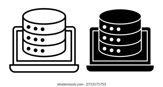 Un paquete de iconos negros que representa bases de datos mostradas en computadoras portátiles para flujos de trabajo digitales modernos y uso de software.