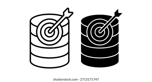 Um pacote de ícones pretos representando indicadores de destino e foco com elementos de banco de dados para análise e planejamento.