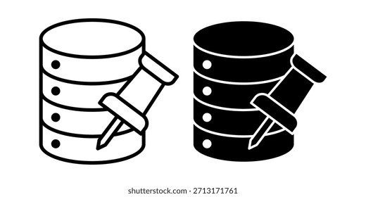 Un paquete de iconos negros que muestra indicadores de pin de inserción adjuntos a los elementos de la base de datos para tareas de clasificación y seguimiento.