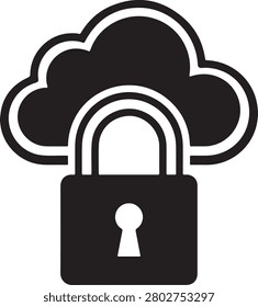 Black icon of a padlock superimposed on a cloud shape isolated on transparent background