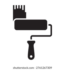Black icon of paint roller, used for home improvement and decorating tasks. Simple tool illustration.