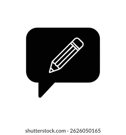 Black icon of paper chat bubble with pencil for messaging