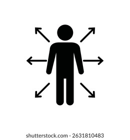 Black icon of a person with arrows pointing in multiple directions, symbolizing flexibility and adaptability in motion