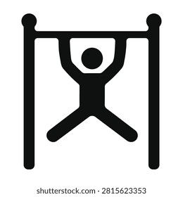 Black icon of a person doing pull ups on a horizontal exercise bar for fitness and sports training concepts showing a human athlete working out their back and arm muscles in a gym
