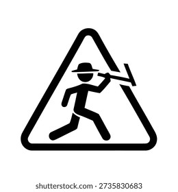 Black icon of a person with a pickaxe inside a triangular warning sign isolated on transparent background