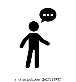 Ícone preto de pessoa com balão de fala representando conversação ou diálogo em estilo minimalista