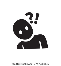 A black icon of a person with a tilted head and question and exclamation marks above, symbolizing confusion, inquiry, surprise, or a sudden thought.