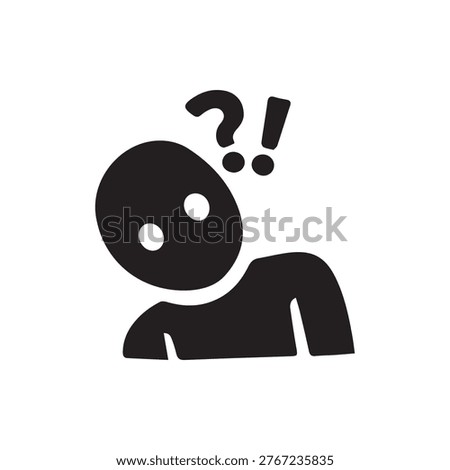 A black icon of a person with a tilted head and question and exclamation marks above, symbolizing confusion, inquiry, surprise, or a sudden thought.