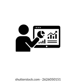Ícone preto de uma pessoa usando um tablet para monitorar os esforços de marketing