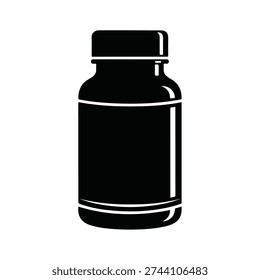 Black icon of a pharmaceutical bottle with white highlights, suggesting medicine, pills, supplements, or health-related products and packaging.