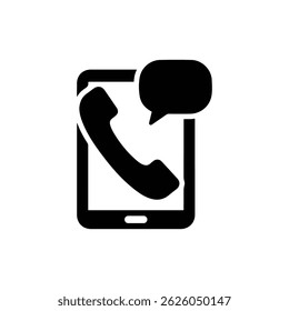 Icono negro de un teléfono con una burbuja de voz por encima de él para la comunicación