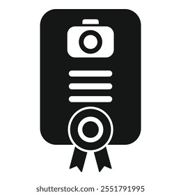 Ícone preto de um diploma de fotografia que certifica a experiência profissional de um fotógrafo, com um símbolo de câmera e um selo com fita