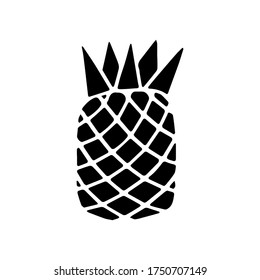 Black icon of pineapple fruit with leaf isolated on white background. Sweet tropical fruit. Simple minimal flat style. Logo design, stamp. Symbol exotic summer, vitamin, healthy. Vector illustration