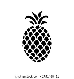 Black icon of pineapple fruit with leaf isolated on white background. Sweet tropical fruit. Simple minimal flat style. Logo design, stamp. Symbol exotic summer, vitamin, healthy. Vector illustration