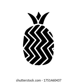 Black icon of pineapple fruit with leaf isolated on white background. Sweet tropical fruit. Simple minimal flat style. Logo design, stamp. Symbol exotic summer, vitamin, healthy. Vector illustration