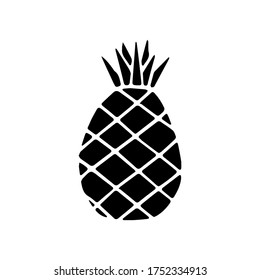 Black icon of pineapple fruit with leaf isolated on white background. Sweet tropical fruit. Simple minimal flat style. Logo design, stamp. Symbol exotic summer, vitamin, healthy. Vector illustration