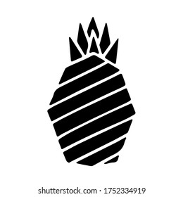 Black icon of pineapple fruit with leaf isolated on white background. Sweet tropical fruit. Simple minimal flat style. Logo design, stamp. Symbol exotic summer, vitamin, healthy. Vector illustration