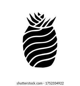 Black icon of pineapple fruit with leaf isolated on white background. Sweet tropical fruit. Simple minimal flat style. Logo design, stamp. Symbol exotic summer, vitamin, healthy. Vector illustration