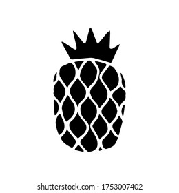 Black icon of pineapple fruit with leaf isolated on white background. Sweet tropical fruit. Simple minimal flat style. Logo design, stamp. Symbol exotic summer, vitamin, healthy. Vector illustration