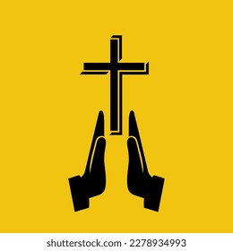 Black icon prayer. Vector illustration flat design. Silhouette hands folded in prayer. Faith in God, concept. Religious people. Cross isolated.