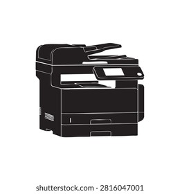 Black icon of professional multifunctional laser printer featuring automatic document feeder multiple paper trays and control panel interface isolated on white background. Advanced office equipment for business printing scanning and copying services high performance digital hardware vector graphic design.