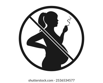 Black icon prohibitory sign of pregnant woman smoking. Vector illustration for health warnings, anti smoking campaigns and regulatory packaging designs