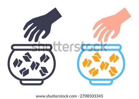 Black icon of pulling a lottery ticket out of a box. Flat illustration.