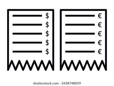 Black icon of purchase ticket in euros and dollars.