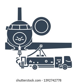 Black Icon Refueling Operation Of Business Jet Airplane, Fuel Truck