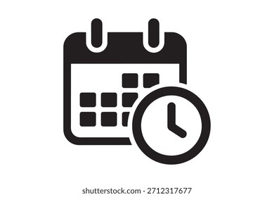 Un icono negro que representa un calendario con un símbolo de reloj al lado, que significa programación y gestión del tiempo sobre un fondo blanco.