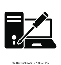 Black icon representing computer repair services featuring a desktop tower computer, a laptop, and a screwdriver. Ideal for IT support, maintenance, and tech help.