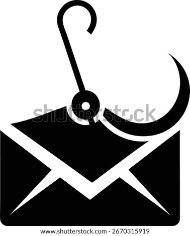 A black icon representing an email envelope with a fishing hook caught in it, symbolizing phishing attacks and online security threats. Isolated on white.