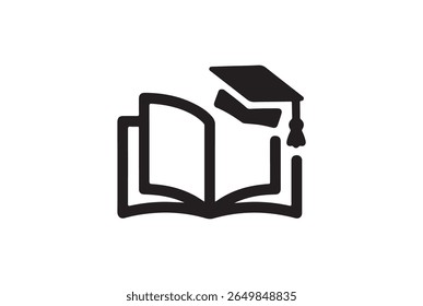 A black icon representing a graduation cap placed on an open book. This symbol signifies education, knowledge, and academic achievement, isolated on a clean white background.