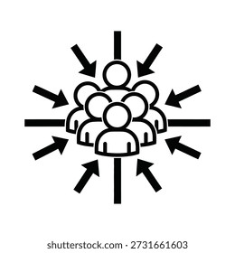 Black icon representing a group of people gathering together with arrows pointing inwards towards them isolated on transparent background