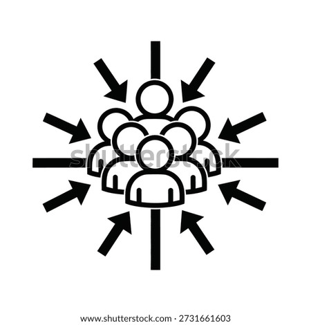 Black icon representing a group of people gathering together with arrows pointing inwards towards them isolated on transparent background
